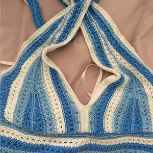 Hollister Blue and White Knit Halter Top